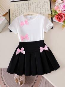 Girls Casual Short Sleeve Bow Decor White T-Shirt And Black Pleated Skirt Set, School Style Summer Outfit