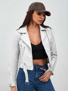 EURMUSE Women'S Asymmetric Collar Zipper Front Belted Jacket - White - View 3