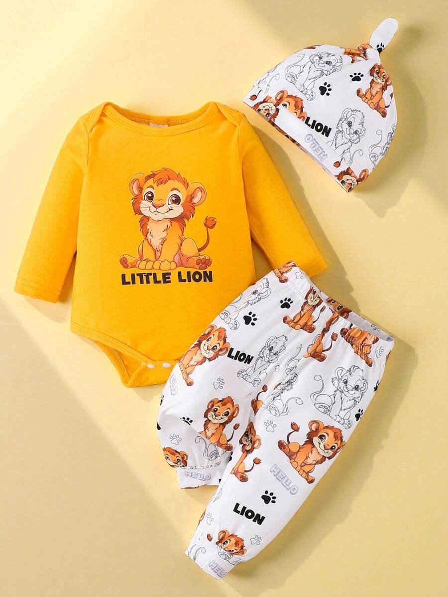 SHEIN Playful Pals 寶寶男孩時尚休閒圓領動物印花長袖連體衣配印花褲和簡單的帽子,適用於春秋季節 - 黃色 - 查看 1