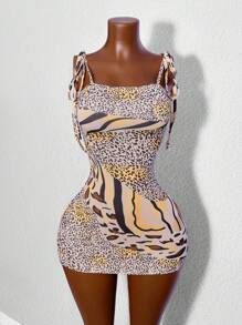 BamGleam 女式时尚印花性感修身吊带迷你连衣裙