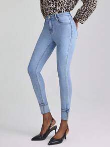Slaydiva Women's Slim Fit Solid Color Cuffed Metal Chain Decor Versatile Fashion Jeans - Blue - View 4