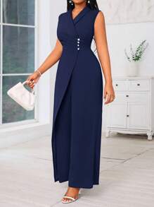 SHEIN Lady 2025 New Plus Size Women's Dark Blue Sleeveless Wide Leg Jumpsuit With Cross Neck And Pearl Decor Concert Women Outfit Women Jumpsuit Four Seasons Fall Clothes For Women  Wedding Guest Dress For Women - Navy Blue - View 5