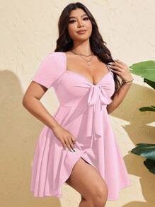 Flirla 大码女式性感前系带短袖紧身连衣裙，夏季 - 粉色 - 查看 3