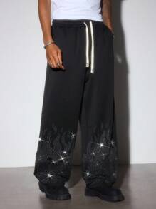 ROMWE MEN Street Life Pantalon de survêtement à jambe droite pour hommes avec un design effet flamme et strass dans un style américain de rue - Noir - Voir 6