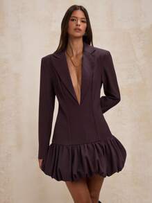 SHEIN BAE 女士纯色荷叶边下摆优雅办公室女士长袖连衣裙 - 咖啡棕 - 查看 5