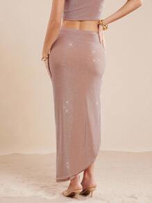 L'Amorae Elegant Metallic Twist Front Asymmetric Skirt, Summer For Women - Dusty Pink - View 3