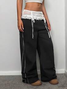 StreetHx Pantalones casuales de mujer con ribete de encaje y contraste de color, otoño/invierno