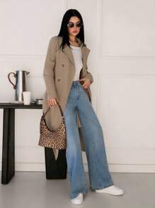 SHEIN Tall 卡其色复古长袖收腰女式风衣,冬季女装,冬季女装外套,除夕,女士夹克,女士,长款女士夹克,冬季女装夹克,优雅夹克,商务女士 - 卡其色 - 查看 7