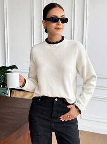 Serisse Áo len nữ tay dài cổ đứng không lưng viền tương phản, kiểu dáng thanh lịch, thích hợp cho mùa thu, sang trọng, công sở, đi chơi, giáo viên, đi học, mùa đông. - Màu be - Xem 6