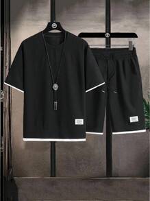 Manfinity Homme 2025 Men Plus Size Casual T-Shirt Set, Fashion Sets, Sports Casual Daily Commute Holiday Wear, Great Gift For Boyfriends And Husbands, Unisex Couple Matching, Versatile And Slimming - Black - View 1