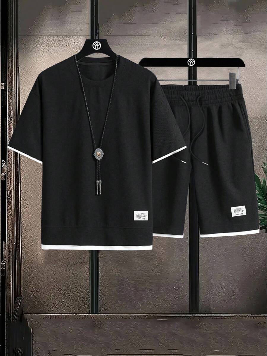 Manfinity Homme 2025 Men Plus Size Casual T-Shirt Set, Fashion Sets, Sports Casual Daily Commute Holiday Wear, Great Gift For Boyfriends And Husbands, Unisex Couple Matching, Versatile And Slimming - Black - View 1