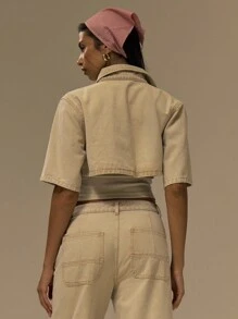 MUSERA Boxy Fit Collared Button Through Mid Sleeve Denim Top Only Spring Summer Casual Work Office Chic - Khaki - View 4