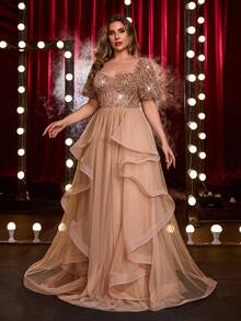 SHEIN Belle Plus Size Autumn And Winter Elegant Gorgeous Romantic Champagne Color Sequin Embroidery Splicing Sweetheart Neckline Puff Sleeves Shape Bust Design With Fishbone Asymmetrical Ruffles Oversized Puffy Dress Suitable For Dinner Party Bachelorette Party Date Dance Music Festival Homecoming Season Graduation Season Birthday Holiday Wedding Event Evening Dress (Heavy Style)