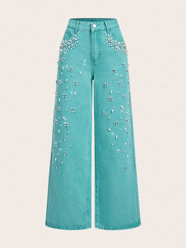 SHEIN MOD Jeans évasés à la mode pour femmes, décorés de clous et de strass, bleu menthe, bleu bébé