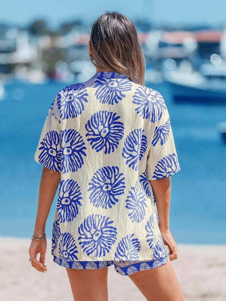 Sylviya Women 2 Pieces Set Summer Blue & White Porcelain Print Fabric Kimono Shirt And Shorts Casual Beach Outfit Country Concert Outfit Rave Outfits Festival Western Wear Women Two Pieces Summer Set - Blue - View 2