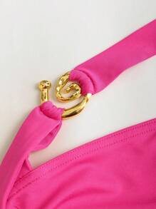 SHEIN Unity Thiết kế mới Halter Spiral Gold Decor Cinched Waist Cake Skirt Hem Mini Dress dành cho nữ - Màu Hồng Tươi - Xem 3