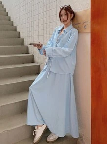 DAZY Conjunto de 2 piezas de camisa y falda de unicolor versátil y casual para mujer