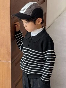 SHEIN 男童休闲黑白条纹前拉链针织夹克 - 黑與白 - 查看 7
