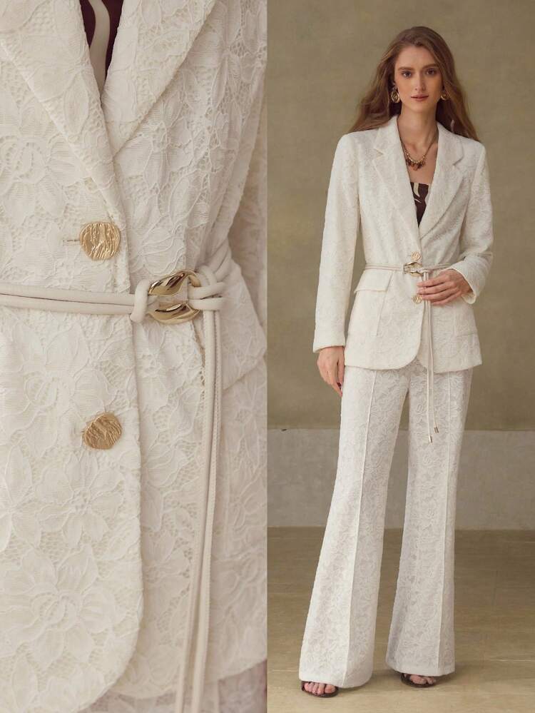 WOMEN'S ELEGANT ROMANTIC LACE LAPEL COLLAR BLAZER WITH BELT