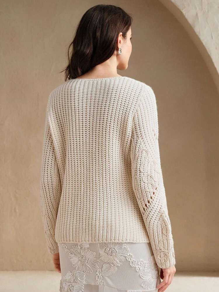 Women's Casual Versatile Solid Color Embroidered Sweater, Autumn/Winter