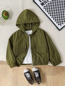 年轻男孩时尚休闲连帽弹性袖口和下摆夹克外套，实用大口袋设计，宽松舒适，适合春季、夏季、秋季、日常、户外、派对、拍照 - 軍綠色 - 查看 1
