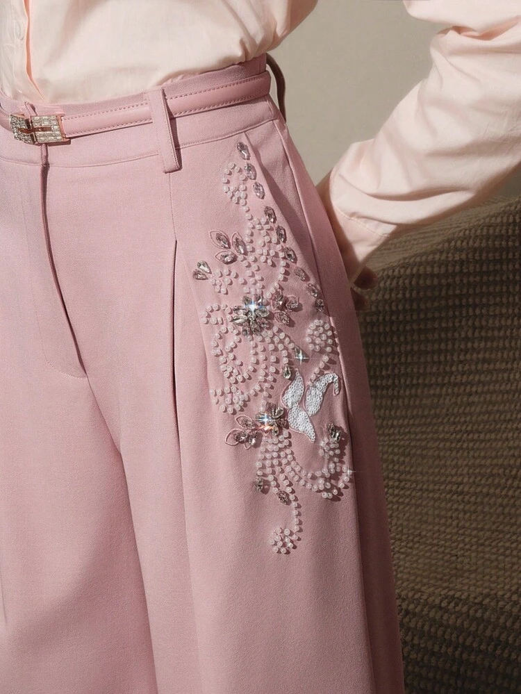 Pantalones anchos elegantes para oficina de mujer, pantalones tejidos con bordado de diamantes de lentejuelas rosas