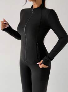 DAZY Áo khoác thể thao màu trơn ôm sát có khóa kéo dành cho nữ - màu đen - Xem 4