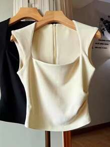 SHEIN 女式杏色纯色褶腰拉链后背方领无袖背心 - 杏色 - 查看 4