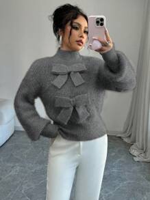 Elenzga Áo len cổ đứng màu trơn thanh lịch dành cho nữ có trang trí nơ, áo chui đầu dệt kim thu/đông - Xám - Xem 7