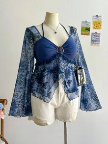 Soleia 大码女式度假毕业返校秋季度假装娃娃装上衣，蓝色复古拼布上衣 - 藍色 - 查看 7