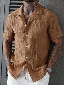 Manfinity Homme Camisa para hombres, verano para hombres, verano para hombres, camisa casual de manga corta de un solo pecho con cuello de solapa y unicolor para hombres, artículos versátiles para el transporte diario, viajes, salidas, regalos para esposos y novios, estilo casual y sencillo, estilo urbano maduro, estilo de caballero británico - Marrón - Ver 4