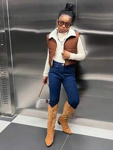 SHEIN Tween Girl Zip-Up Teddy Bear Lined Vest Jacket,In Fall/Winter , Puffer Vest