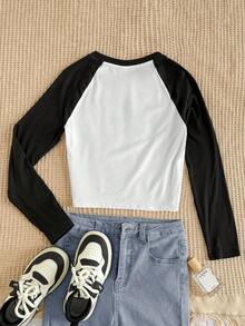 SHEIN 少女休闲复古1997印花黑白拼接短款修身圆领插肩袖套头T恤，春秋冬季90年代儿童复古女童90年代秋季