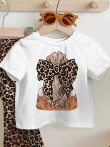 SHEIN 2 件套年轻女孩休闲豹纹蝴蝶结卡通图案圆领短袖上衣和喇叭裤夏季服装 - 彩色 - 查看 4