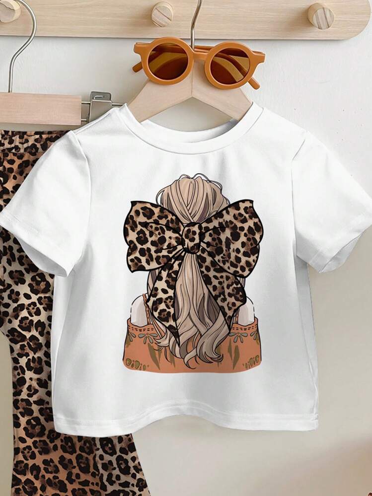 SHEIN 2pcs/Set Young Girls Casual Leopard Print Bowknot Cartoon Pattern Round Neck Short Sleeve Top And Flared Pants Summer Outfit - Multicolor - View 4