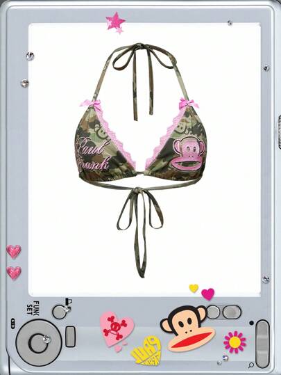 Paul Frank X ROMWE توب هالتر مطرز بشعار جريء وتباين الدانتيل والكامو بطراز Y2K جذاب