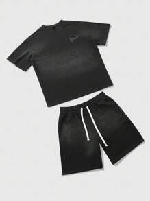 ROMWE MEN Casual Conjunto de camisetas para hombre, diseño americano de calle con efecto cebra, estampado gráfico en inglés, conjunto de manga corta - Gris - Ver 3