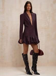 SHEIN BAE 女士纯色荷叶边下摆优雅办公室女士长袖连衣裙 - 咖啡棕 - 查看 1