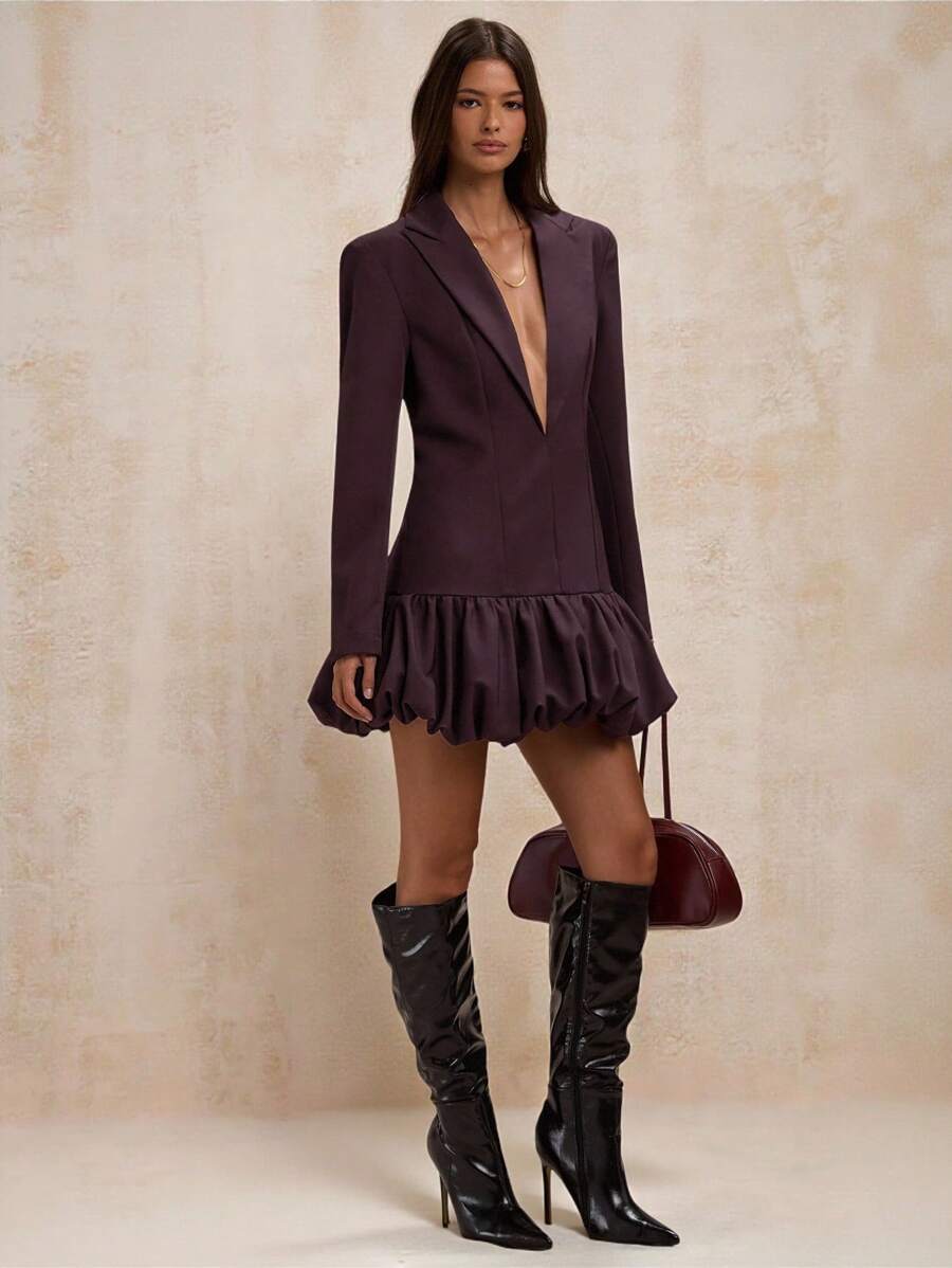 SHEIN BAE 女士纯色荷叶边下摆优雅办公室女士长袖连衣裙 - 咖啡棕 - 查看 1