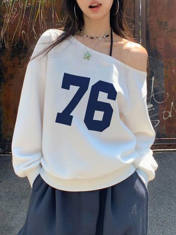 Jouncy Digital Pattern Printed Slant Shoulder Casual Women's Sweatshirt, Back To School Season Pullover Fall Outfit