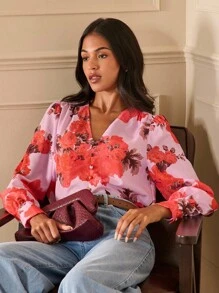 Lilora 女士花卉印花V领泡泡袖时尚通勤衬衫 - 彩色 - 查看 2