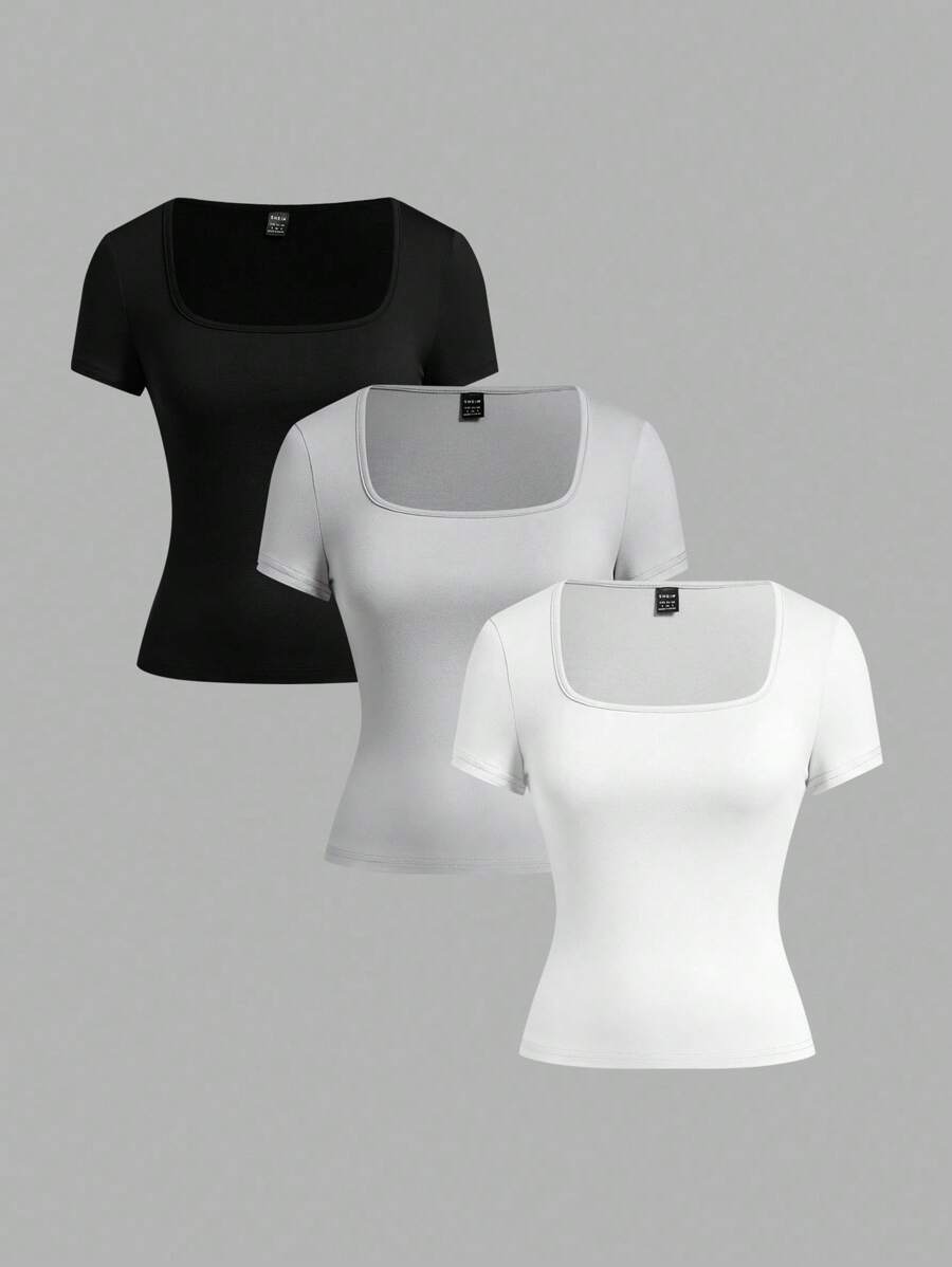 SHEIN EZwear 3 件套女士黑色、浅灰色、白色短袖短款休闲修身 T 恤,适合夏季 - 彩色 - 查看 1