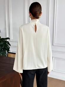 SHEIN Frenchy بلوزة أنيقة للسيدات ذات ياقة عالية وأكمام واسعة، لون أحادي، مناسبة للارتداء اليومي، للعودة إلى المدرسة، حفلات الريف، الملابس الرسمية الكاجوال للسيدات، للمعلمات، لليلة المواعدة، الغداء، الملابس الغربية للسيدات، بلوزة رسمية كاجوال - لون مشمشي - مشاهدة 2