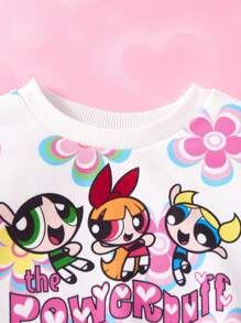 THE POWERPUFF GIRLS X SHEIN 2 件女婴可爱花卉、泡泡、毛茛图案圆领长袖运动衫和撞色裤子宽松秋冬套装 - 粉色 - 查看 4