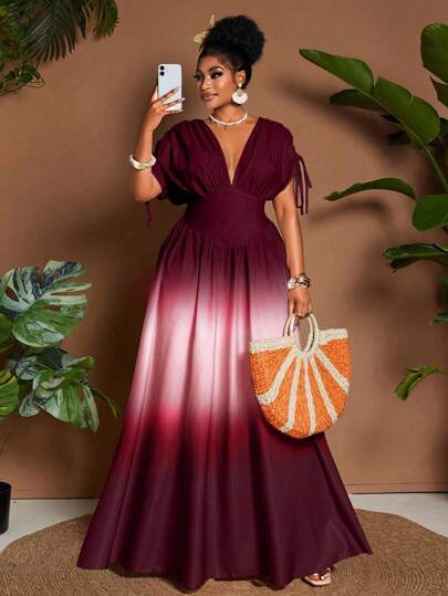 Maweii Women's Plus Size Elegant Designed Gradient Print Woven Non-Stretch Fabric Dress With V-Neck, Shoulder Drawstring Design, Dolman Sleeves, Elasticated Cinched Waist, Perfect For Parties, Gatherings, Night Outs, Christmas, Halloween, New Year's, Valentine's Day Romantic Dates, Concerts, Vacation, Beach, Fashionable Versatile Statement Piece, New Women's Plus Size Fashion Item Short Sleeve Long Dress.