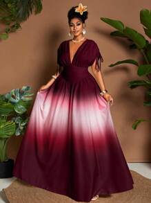 Maweii 大码女式优雅渐变色印花蝴蝶结 V 领 A 字长裙，蝙蝠袖，束腰设计，适合度假、海滩、音乐节、春夏季穿着 - 彩色 - 查看 6