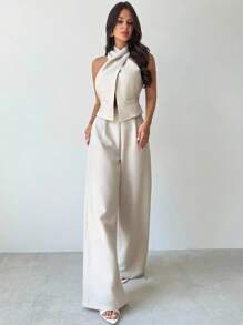 Firerie 女款優雅米色夏季兩件套亞麻交叉開衩無袖背心與高腰長褲，早午餐時尚通勤穿搭服飾 - 卡其色 - 查看 6