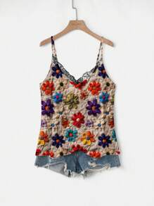 EMERY ROSE Plus Size Women Floral Print Lace Collar V-Neck Camisole And Tank Top, Casual & Holiday Woman S Summer Clothes Flower Tank Top Boho Tank Top Women Suitable For Going Out,Spring/Vacation - Multicolor - View 5