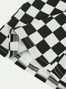 青少年女孩时尚简约黑白格纹高腰喇叭腿针织裤 - 黑與白 - 查看 4