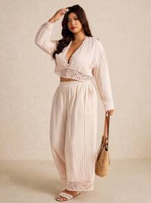 Elaquor Plus Size Minimalist Vacation Lace Patchwork Top And Pants 2 Pieces Set,Fall Clothes For Women - Apricot - View 1